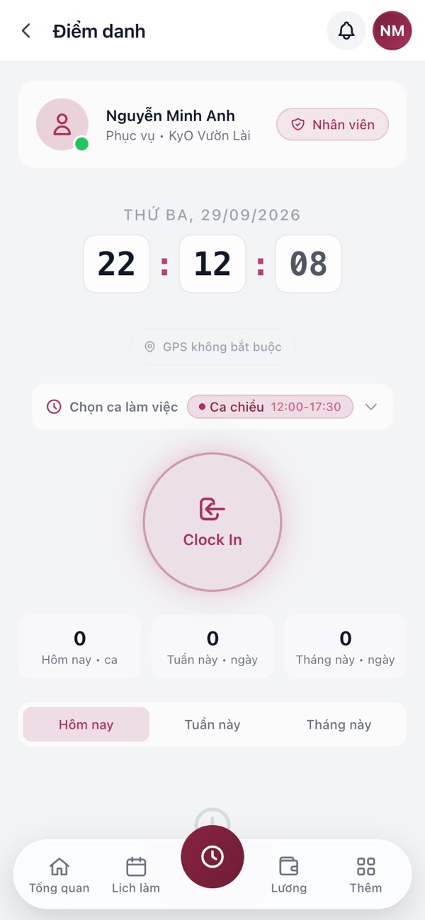 Màn hình chấm công của MonkeyHRM