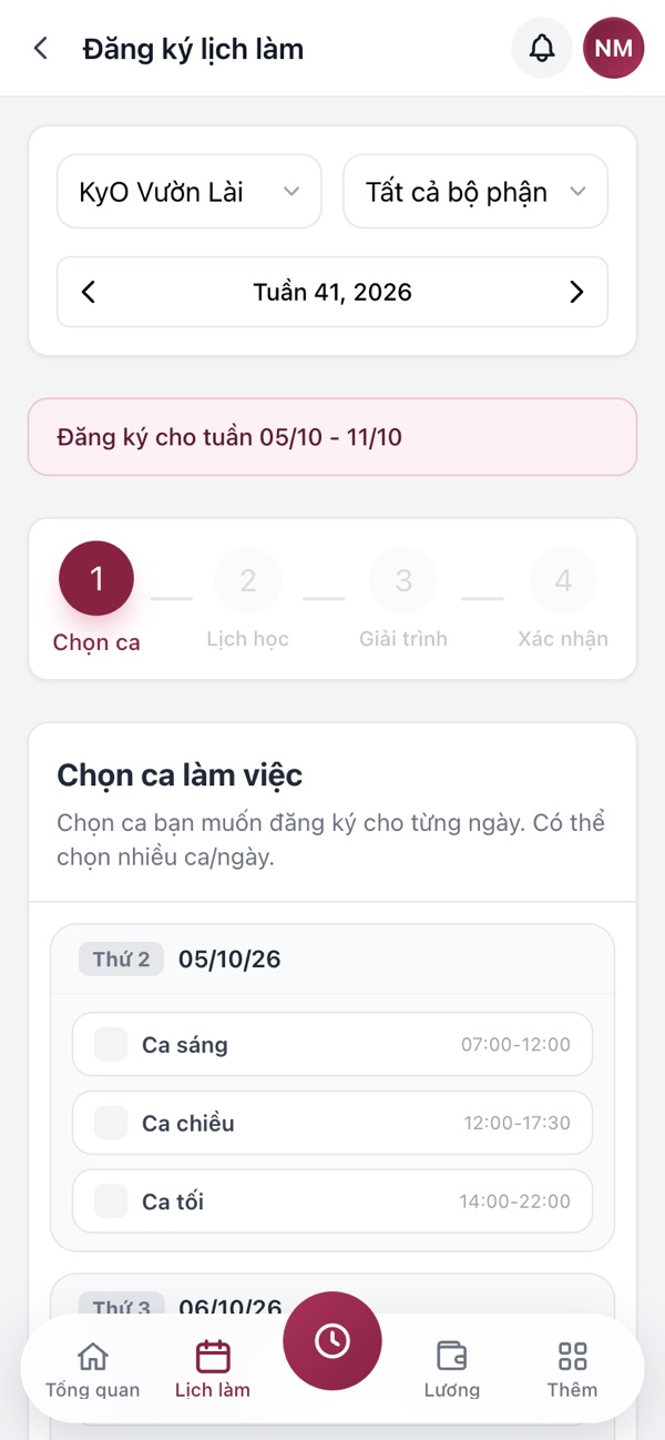 Đăng ký lịch làm việc trên MonkeyHRM